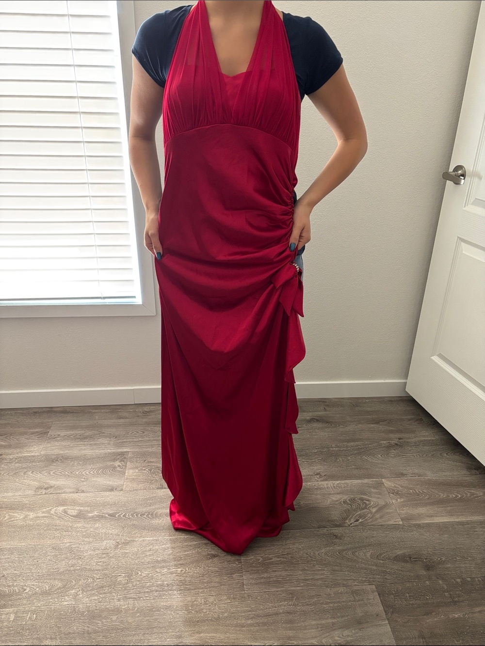 Blondie Nites Red Halter Ruched Maxi Dress